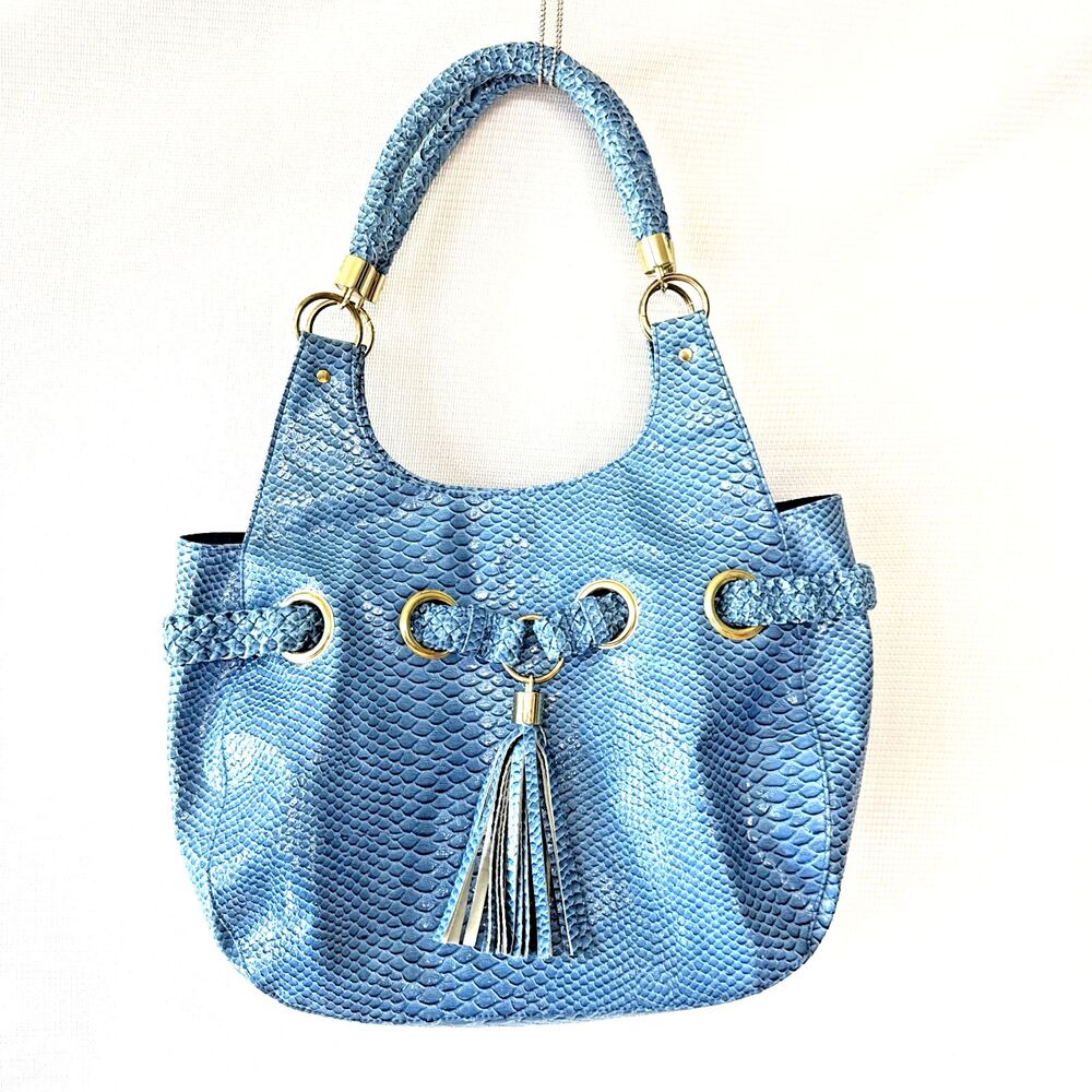 Jen Groover Boho Blue Butler Bag Tote - Snap Top Snakeskin Tassel Handbag